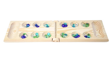 EcoToys Mancala Juego | Juego de mesa de madera plegable con cuentas multicolor - Diversión familiar para niños y adultos